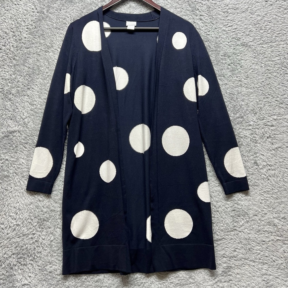 Chicos Cardigan Sweater Womens‎ 0 US Small Navy Blue White Polka Dot Open Duster